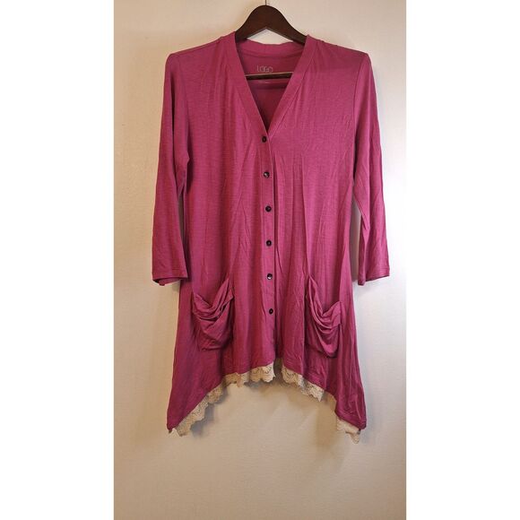 LOGO BY LORI GOLDSTEIN Women Button Front Cardigan w/Lace Trim Small Lagenlook - Picture 1 of 4